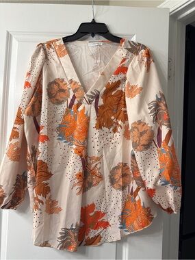Cream Blouse with Orange Floral Print V-Neck